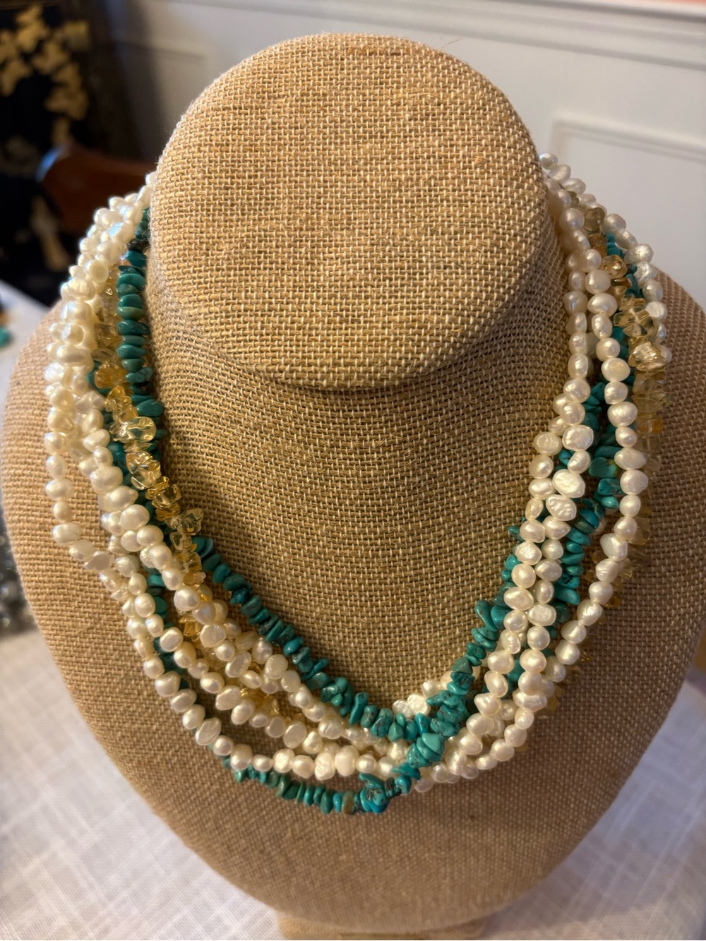 Multi-Strand Pearl, Turquoise, Citrine Necklace with Sterling adjustable chain.